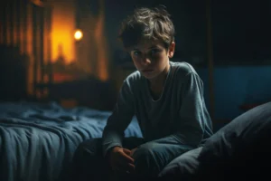 Child sweating at night while sitting awake in bed