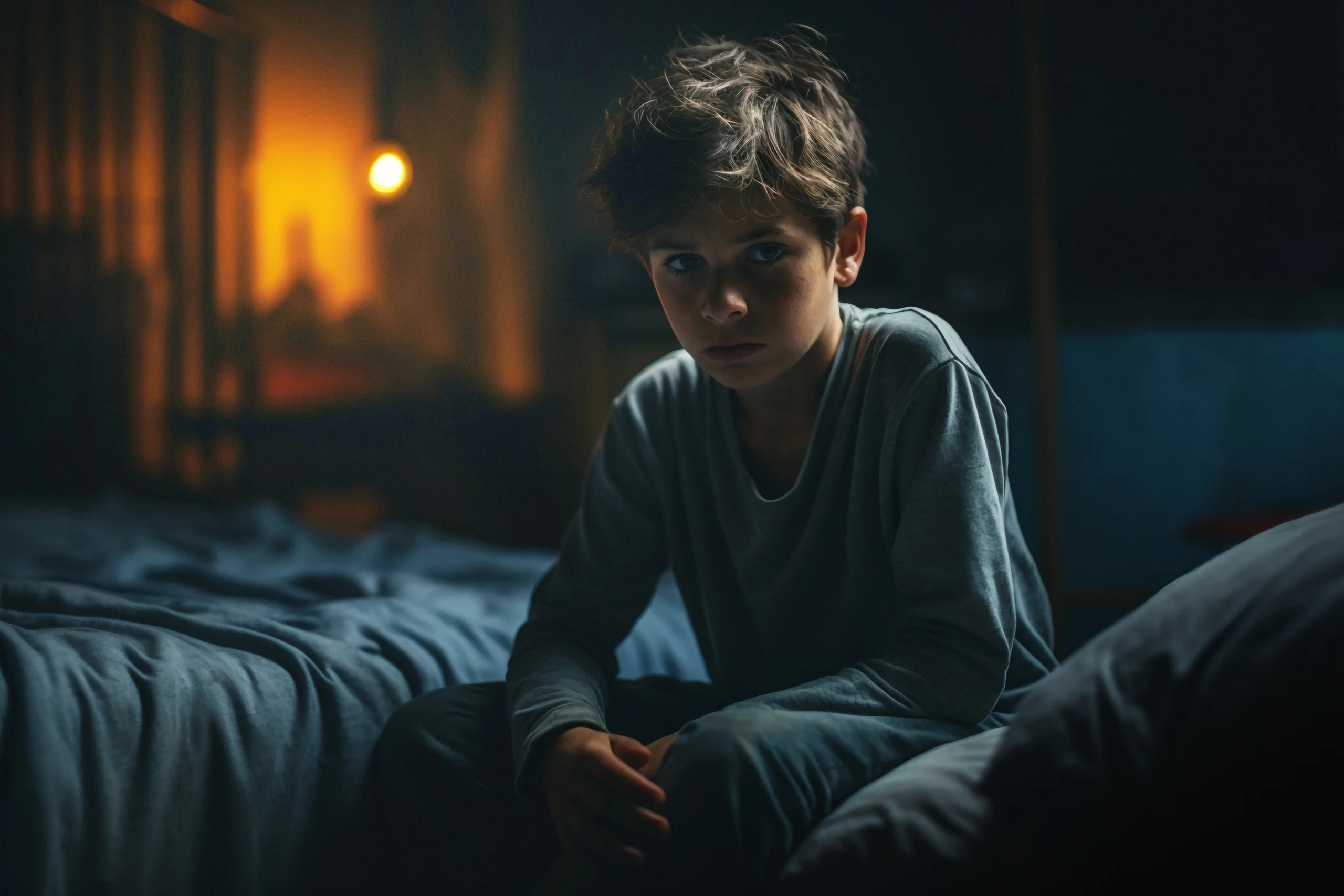 Child sweating at night while sitting awake in bed